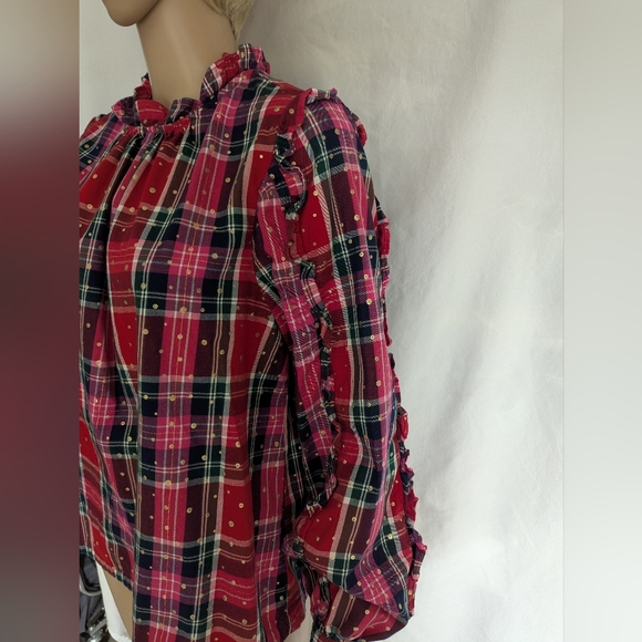 Crown & Ivy red pink gold foil polka dots ruffled long balloon sleeve top sz L - Picture 6 of 10